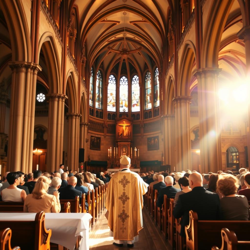 A solemn Catholic liturgy unfolding within a grand cathedral. In the foreground, a priest in ornate vestments stands at the altar, celebrating Mass with reverence and devotion. The middle ground features rows of wooden pews, filled with devout worshippers in contemplative prayer. The background showcases the cathedral's vaulted ceilings, stained glass windows, and intricate architectural details, bathed in warm, golden light filtering through. An atmosphere of sacred tranquility and transcendent spirituality permeates the scene, as the congregation partakes in the profound mystery of the Eucharist.