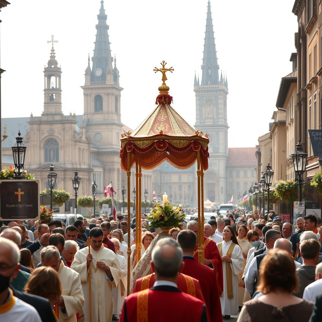 A solemn Corpus Christi procession winds through a historic European city, its streets adorned with flowers and banners. In the foreground, a stately canopy carries the consecrated Host, followed by robed clergy and acolytes bearing candles and incense. Devout worshippers line the route, heads bowed in reverence. The mid-ground features the ornate facades of ancient churches and cathedrals, their spires reaching skyward. The background is a soft, diffused light, creating an atmosphere of sacredness and timelessness. The scene evokes a reverent, contemplative mood, celebrating the mystery of the Eucharist.