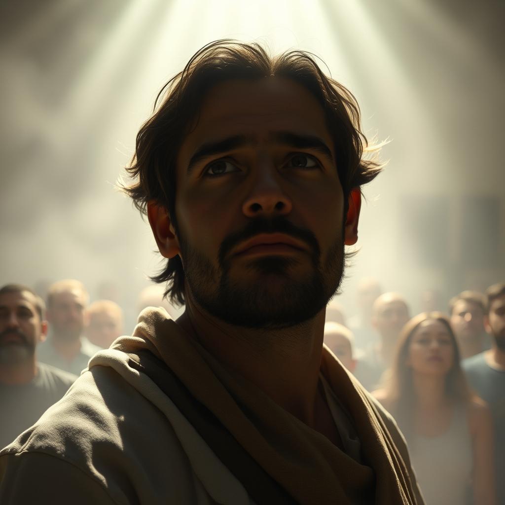 A solemn figure stands in the foreground, their expression one of earnest contemplation. Rays of divine light emanate from above, illuminating their face with a sense of spiritual enlightenment. In the middle ground, a crowd gathers, their faces upturned and transfixed by the prophetic witness before them. The background is shrouded in a hazy, atmospheric mist, conveying a timeless, otherworldly quality. The overall scene evokes a sense of reverence, as if the viewer is witnessing a moment of profound spiritual significance and insight.