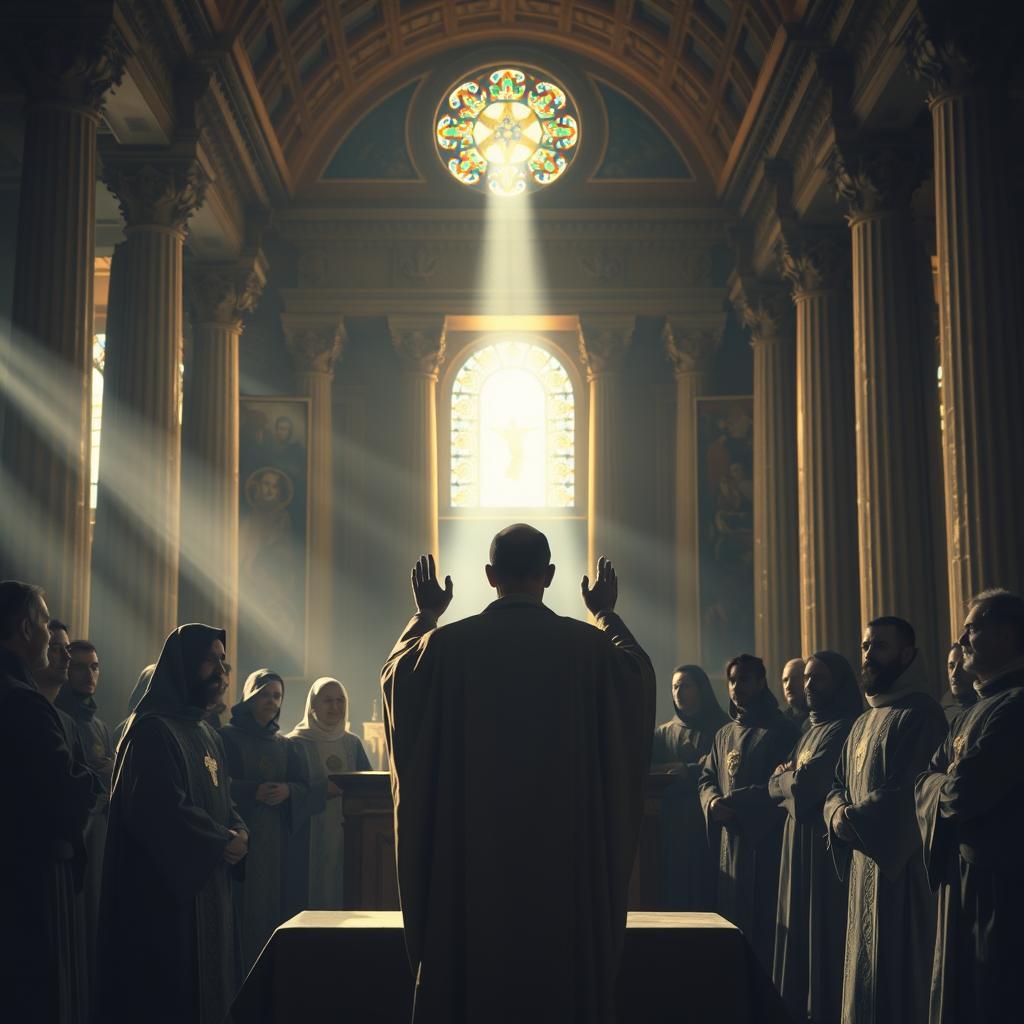 A solemn gathering of robed figures in a dimly lit, ornate temple. In the foreground, a central figure stands at an altar, hands raised in a gesture of blessing. The figures around him are adorned with intricate vestments, their faces cast in shadows, conveying a sense of reverence and spiritual authority. The middle ground reveals a grand, columned sanctuary, the walls adorned with ancient symbols and tapestries. In the background, a heavenly light filters through stained glass windows, illuminating the scene with a warm, otherworldly glow. The atmosphere is one of ancient tradition, divine purpose, and the power of the Messianic priesthood.