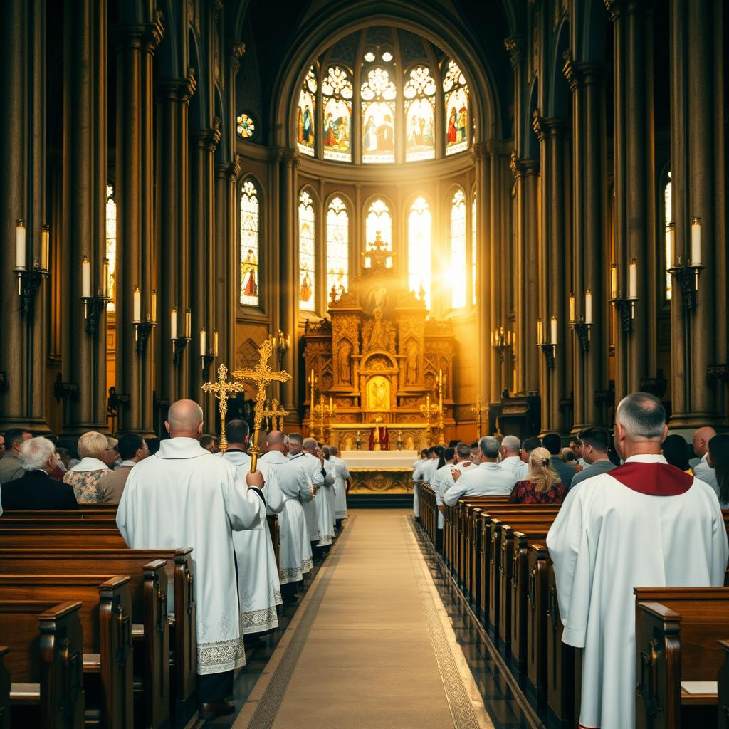 A solemn liturgical celebration in a grand cathedral, with rows of wooden pews and stained glass windows bathed in warm, golden light. In the foreground, a group of robed clergy solemnly process down the aisle, carrying ornate crosses and candles. The middle ground features an ornate altar adorned with intricate carvings and religious iconography. In the background, the vaulted ceiling and towering columns create a sense of grandeur and reverence, while subtle rays of sunlight filter through the stained glass, casting a serene and contemplative atmosphere.