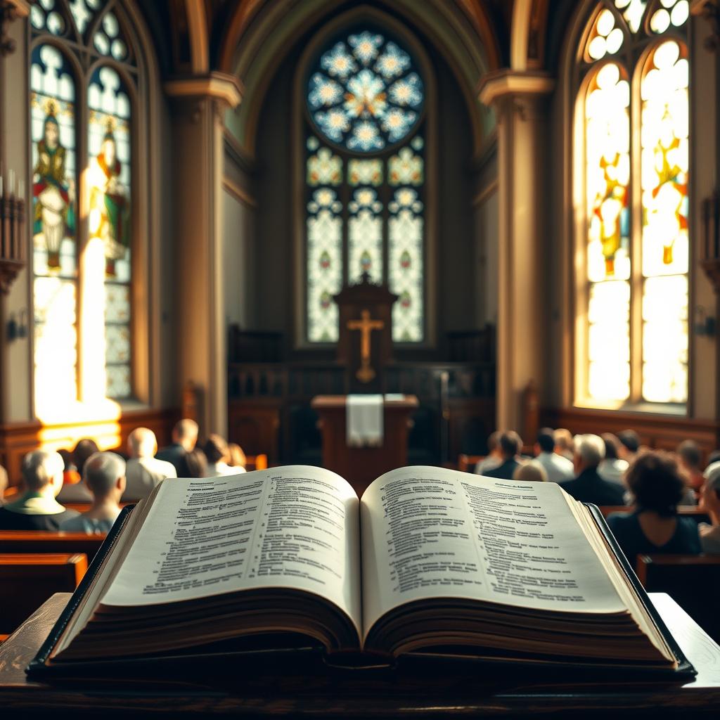 A solemn, serene sanctuary where sunlight filters through stained glass, illuminating a wooden pulpit adorned with intricate carvings. In the foreground, an open Bible rests, its pages beckoning the viewer to explore the depths of its sacred text. The middle ground features a congregation of attentive listeners, their faces reflecting a reverent contemplation. In the background, a modest altar stands, its simple design emphasizing the weightiness of the homiletic moment. The overall atmosphere conveys a sense of prayerful introspection, inviting the viewer to engage with the homiletic approaches that will unfold within this sacred space.