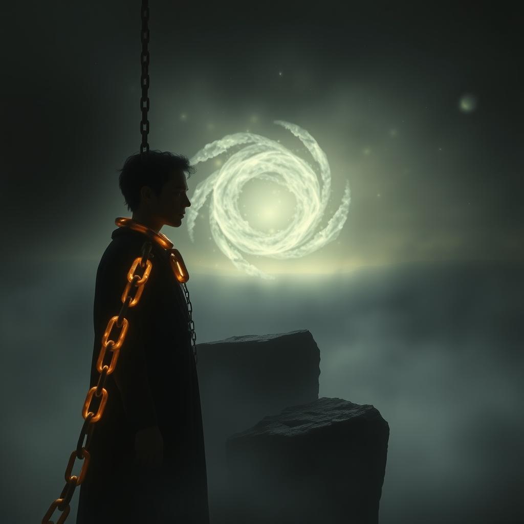 A somber, dreamlike scene depicting the burden of karmic debt. In the foreground, a figure is weighed down by a chain of glowing, ethereal links, representing the accumulated actions and consequences that bind them to the cycle of rebirth. The figure's expression is one of resignation and longing, their gaze fixed on the distant horizon. In the middle ground, a swirling vortex of energy and shimmering, translucent forms suggests the cyclical nature of reincarnation. The background is shrouded in a hazy, otherworldly mist, evoking a sense of the liminal and the unknown. Soft, indirect lighting casts subtle shadows, creating a contemplative atmosphere. The composition is balanced and harmonious, guiding the viewer's eye through the layers of symbolism and meaning.