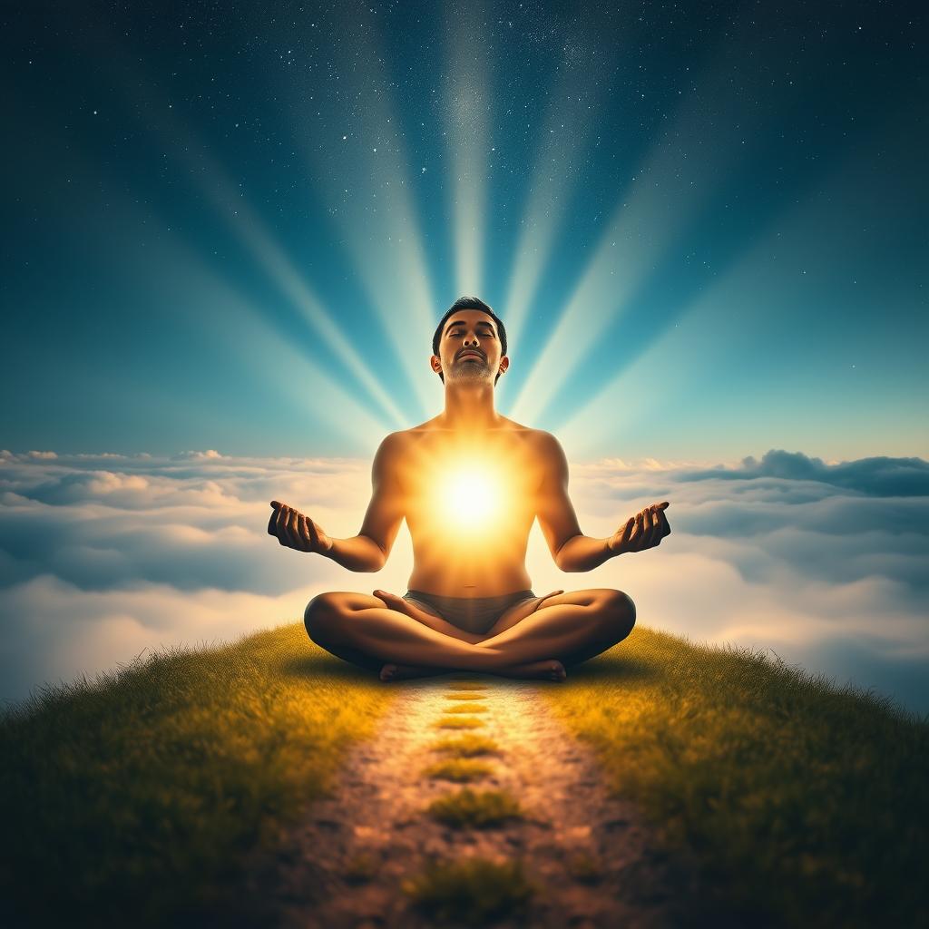 A spiritual seeker sits in a meditative pose, eyes closed, hands in a mudra. Beams of light emanate from their body, illuminating a path leading through a tranquil, ethereal landscape. Layers of clouds part, revealing a starry night sky above. The scene conveys a sense of inner reflection, growth, and connection to the divine. Soft, warm lighting casts a serene glow, while a depth of field effect draws the viewer's focus to the central figure. Captured with a wide-angle lens to emphasize the vastness and mystery of the spiritual journey.