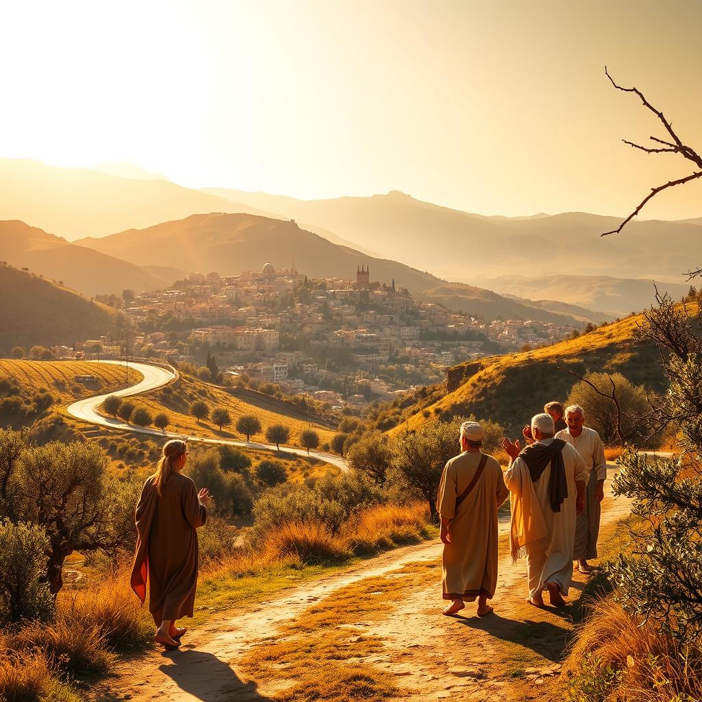 A sun-drenched ancient Mediterranean landscape, with a bustling city nestled among rolling hills in the background. In the foreground, a winding road leads through a lush, verdant countryside, dotted with olive groves and vineyards. In the middle ground, a group of travelers, dressed in the garb of the era, engage in animated discussion, their gestures and expressions conveying the gravity of their conversation. The scene is bathed in warm, golden light, casting long shadows and imbuing the setting with a sense of timelessness. The overall mood is one of historical significance, reflecting the context of the Epistle to the Galatians.