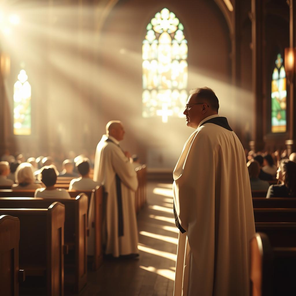 A sunlit church interior, rich with wooden pews and stained glass windows, casting a warm, reverent glow. In the foreground, a priest stands at the altar, robed in flowing vestments, his expression solemn and contemplative. The middle ground features worshippers seated in quiet meditation, their faces uplifted in an attitude of reverence. The background is a hazy, ethereal space, suggesting the divine presence, with motes of light filtering through the windows. The overall atmosphere is one of serene, spiritual contemplation, conveying the essence of the "Twenty-first Sunday in Ordinary Time" and the "Divine Discipline" reading from Hebrews.