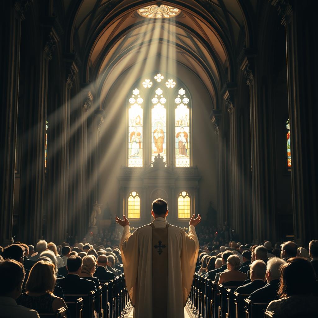 A sunlit church interior, the pews filled with worshippers gathered for a solemn service. Soft beams of light filter through stained glass windows, casting a warm, reverent glow over the congregation. In the foreground, a priest stands at the altar, hands raised in prayer, his robes flowing gracefully. Intricate architectural details, such as vaulted ceilings and ornate columns, create a sense of grandeur and spiritual significance. The atmosphere is one of tranquility and contemplation, inviting the viewer to reflect on the significance of this sacred space and the religious rituals unfolding within.