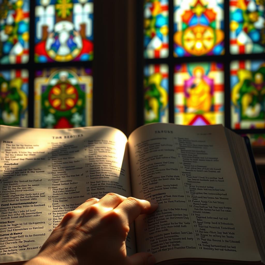 A three-year lectionary cycle, with pages of scripture and liturgical calendar against a backdrop of stained glass windows. Soft, warm lighting illuminates the pages, casting a reverent, contemplative atmosphere. The pages turn gently, revealing the rich tapestry of readings that guide the faithful through the liturgical year. In the foreground, a hand carefully traces the text, a symbolic gesture of engagement with the sacred words. The overall composition conveys a sense of tradition, devotion, and the cyclical nature of the liturgical calendar.