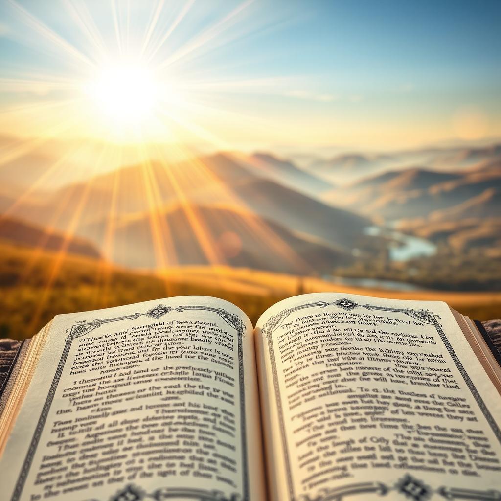 A tranquil, contemplative scene depicting the theological connections between the Sunday readings. In the foreground, an open Bible with illuminated text and intricate symbolism, representing the Word of God. In the middle ground, rays of warm, ethereal light radiate outward, symbolizing divine revelation and spiritual enlightenment. In the background, a serene, mystical landscape with rolling hills, gently flowing streams, and a sense of timeless, sacred wonder. The composition is balanced, the lighting is soft and diffused, and the overall mood is one of reverence, contemplation, and profound theological insight.