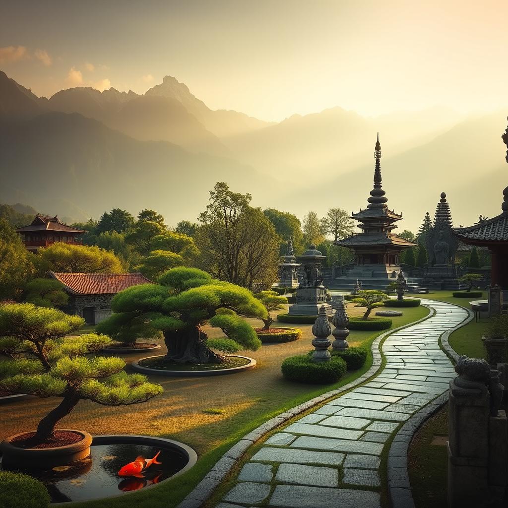 A tranquil pathway winds through a serene Buddhist monastery, surrounded by lush greenery and towering mountains. In the foreground, a meditation garden with a serene koi pond and delicately pruned bonsai trees. Muted warm lighting filters through the atmosphere, casting a peaceful glow. In the middle ground, ornate stone statues and intricately carved temples stand as symbols of enlightenment. The background is dominated by misty, snow-capped peaks, suggesting a sense of spiritual elevation and the distance from worldly concerns. The overall mood is one of contemplation, serenity, and the promise of nirvana.