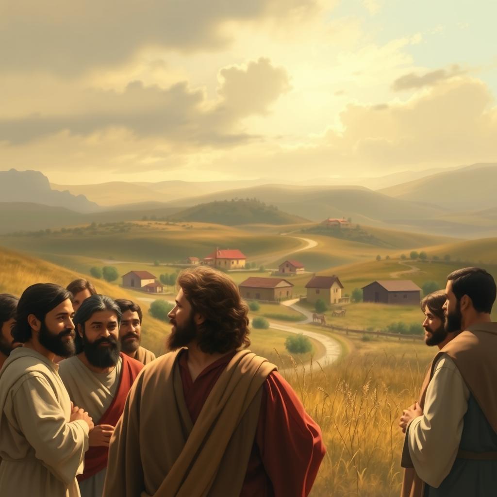 A tranquil scene of the biblical "Mission of the Seventy", as described in Luke 10:1-12,17-20. In the foreground, a group of disciples, with compassionate expressions, gather around Jesus as he commissions them to go forth and preach the gospel. The middle ground features a picturesque village, with modest homes and winding paths. In the background, rolling hills and a serene sky, painted in muted tones, create a sense of timelessness. The lighting is soft and diffused, casting a warm, contemplative atmosphere over the entire composition. Rendered in a classical, painterly style to evoke the historical setting.