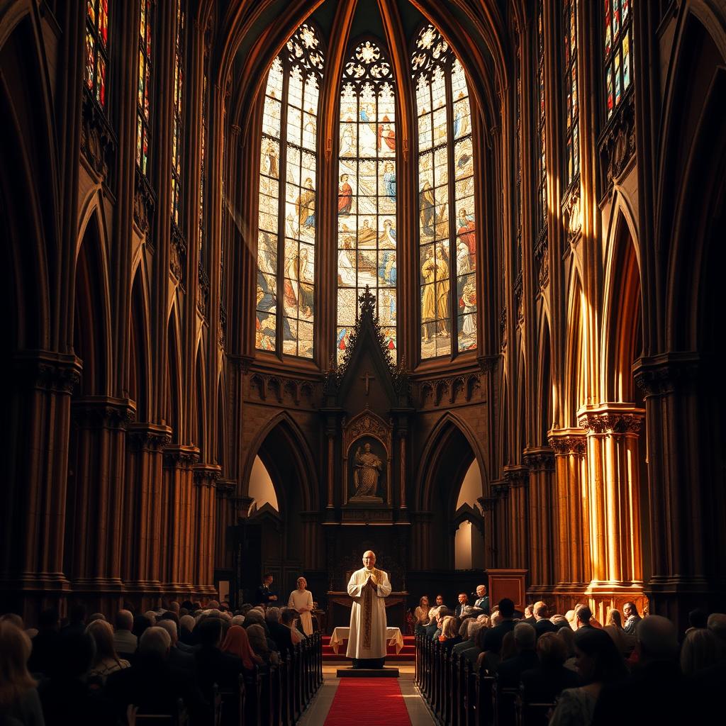 A vast cathedral interior bathed in warm, golden light streaming through stained glass windows. At the center, a priest stands at the pulpit, delivering a homily to a congregation of worshippers. The scene conveys a sense of reverence, contemplation, and the solemnity of the Catholic liturgy. The middle ground features ornate Gothic architecture, intricately carved wooden pews, and the hushed attention of the parishioners. In the background, shadowy archways and alcoves suggest the expansive scale of the sacred space. The overall atmosphere is one of spiritual reflection and the timeless tradition of the Catholic Church.