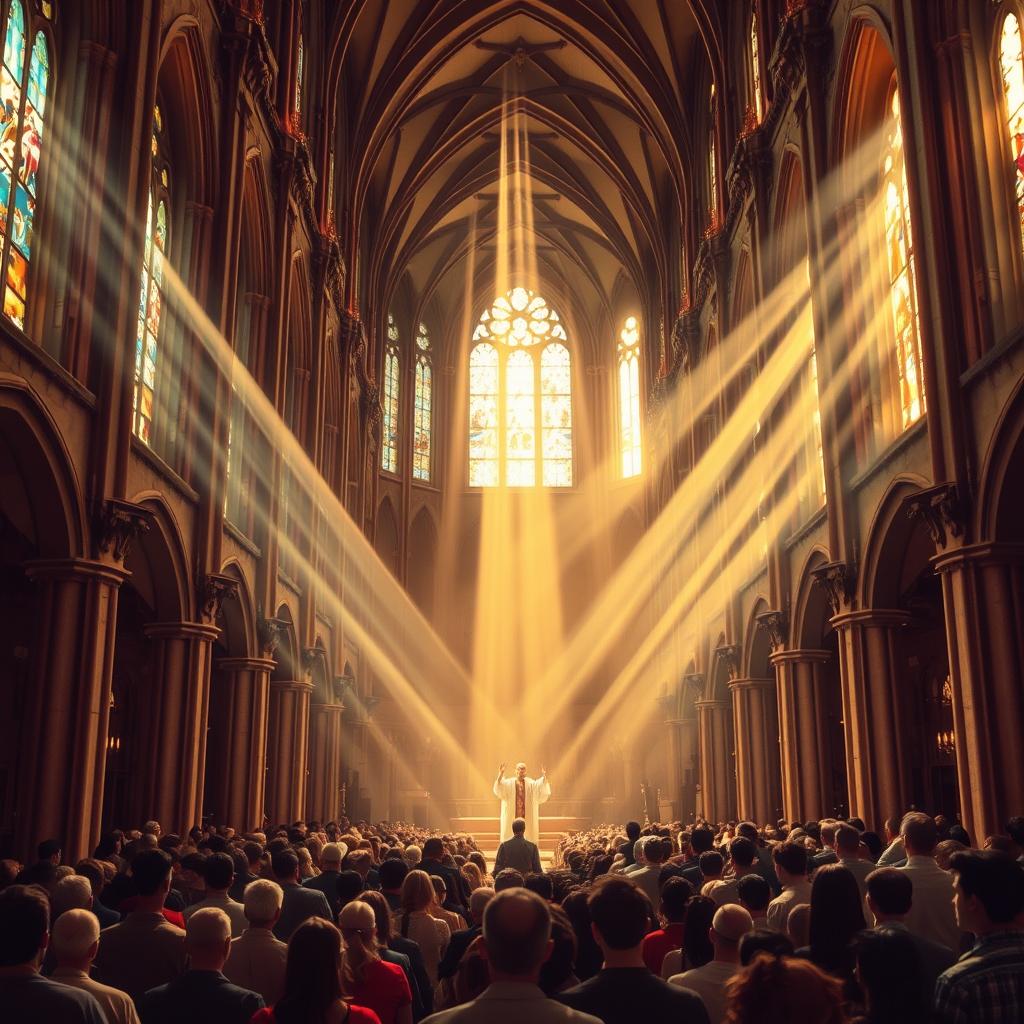A vast, ethereal cathedral interior, bathed in warm, diffused light streaming through stained glass windows. In the foreground, a diverse congregation of worshippers stands united, their faces uplifted in reverence. Towering arches and ornate columns frame the scene, creating a sense of grandeur and timelessness. Beams of light converge at the altar, where a central figure - perhaps a priest or holy figure - stands, guiding the faithful with open arms. The atmosphere is one of peace, enlightenment, and the universal embrace of salvation across all readings and beliefs.