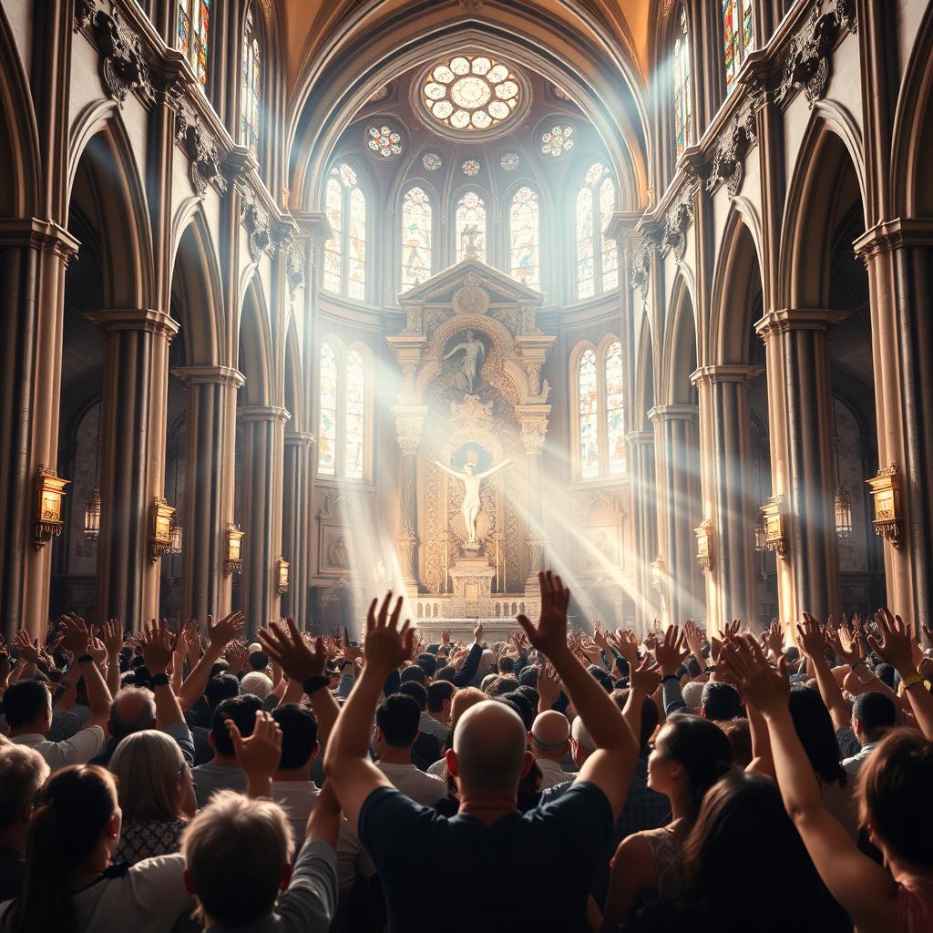 A vast, luminous cathedral interior with sunlight streaming through stained glass windows. In the foreground, a congregation of diverse worshippers raises their hands in a gesture of reverence and praise, their faces radiating joy and devotion. The middle ground features an ornate altar adorned with intricate carvings and a towering crucifix, while the background is filled with soaring arches, intricate architecture, and a sense of ethereal, otherworldly grandeur. The lighting is warm and soft, creating a sense of sacred, transcendent beauty. The composition emphasizes the universality and unity of human praise, echoing the Responsorial Psalm's message of global worship.