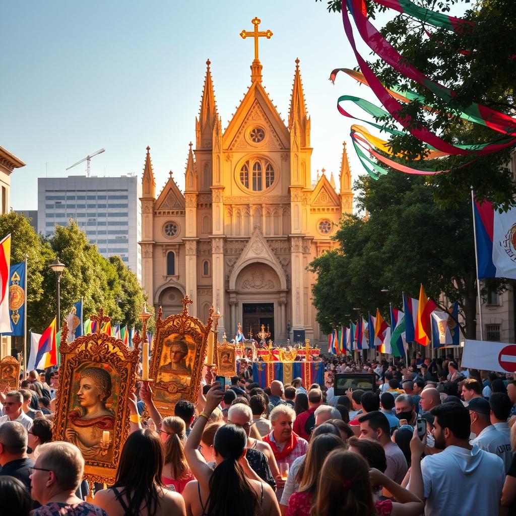 A vibrant Catholic celebration unfolds in a sun-dappled town square. In the foreground, a lively procession of worshippers carrying ornate religious banners and candles weaves through the crowd. Middle ground reveals a grand cathedral, its facade adorned with intricate Gothic carvings bathed in warm, golden light. In the background, colorful flags and streamers flutter in a gentle breeze, setting the celebratory mood. The scene is infused with a sense of reverence and community, capturing the essence of the Corpus Christi observance in America.