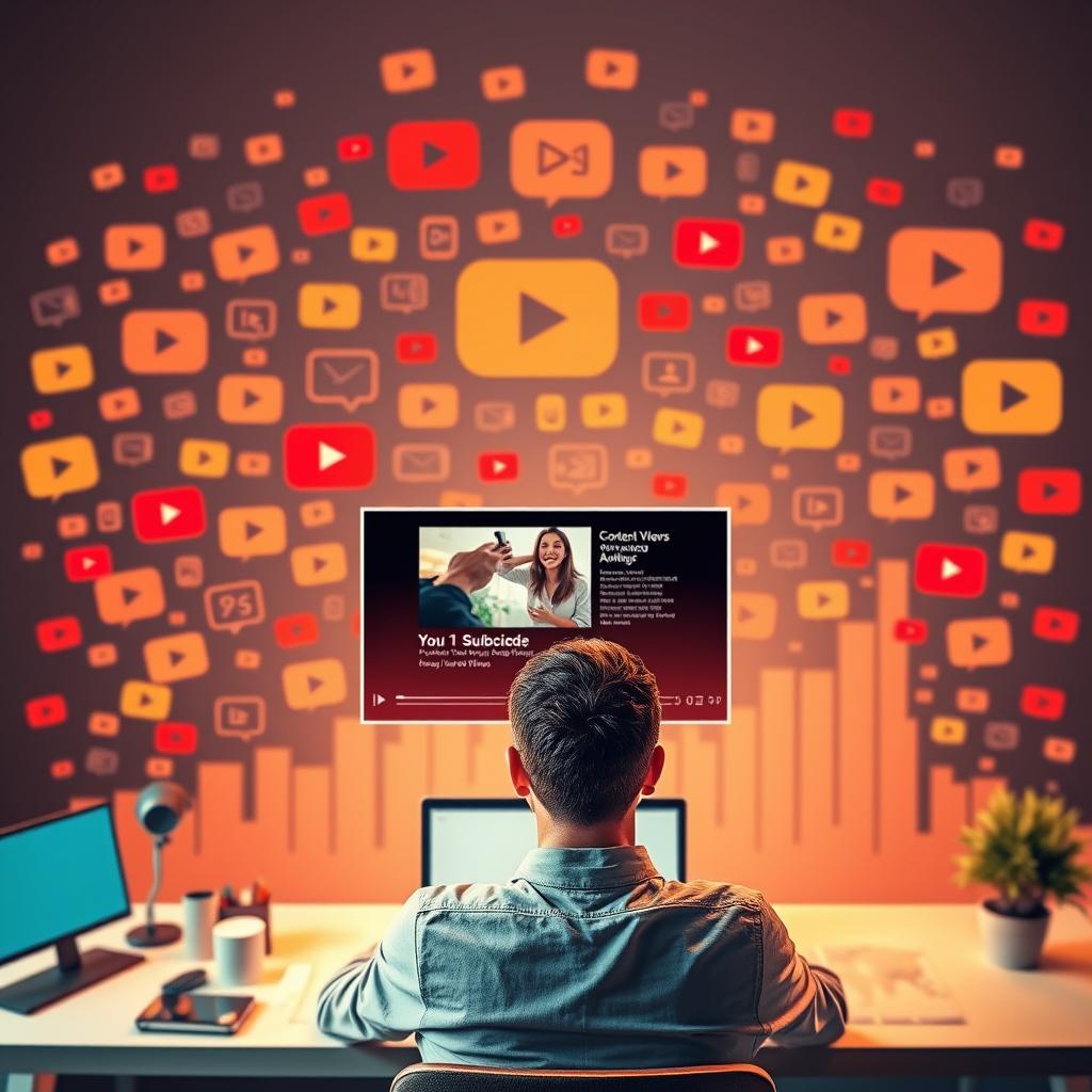 A vibrant, dynamic composition depicting the concept of "Content Strategy for YouTube Views". In the foreground, a person sitting at a desk, intently focused on a laptop screen, surrounded by various media icons, video thumbnails, and analytics dashboards. The middle ground features a stylized YouTube player interface, with a thumbnail and title of an engaging video content piece. In the background, a colorful array of YouTube logos, subscriber counts, and view metrics form an abstract, data-driven landscape. Warm lighting casts a energetic glow, conveying a sense of productivity and strategic planning. The overall mood is one of purposeful content creation, backed by data-driven decision making, all aimed at boosting YouTube viewership.
