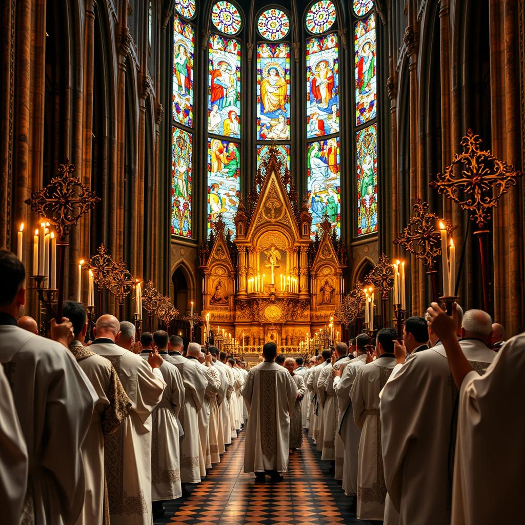 A vibrant scene of liturgical celebrations unfolding within a majestic cathedral. In the foreground, a procession of robed clergy carrying ornate crosses and candles, their movements graceful and solemn. The middle ground reveals the altar adorned with intricate tapestries and flickering candles, casting a warm, reverent glow. In the background, stained glass windows bathe the space in a kaleidoscope of colored light, evoking a sense of divine presence. The composition is balanced, with the architecture and liturgical elements working in harmony to create an atmosphere of reverence and spiritual contemplation.