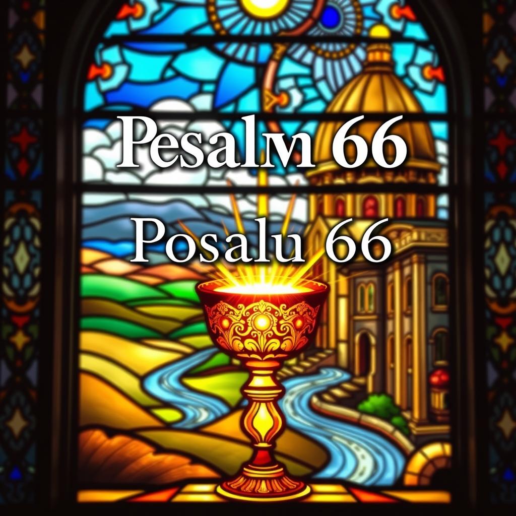 A vibrant stained-glass window depicting Psalm 66, the Responsorial Psalm for the Fourteenth Sunday in Ordinary Time, C Cycle. In the foreground, an ornate chalice overflows with a radiant, golden light, symbolizing the joyful celebration of the Eucharist. In the middle ground, a serene landscape of rolling hills and a flowing river, representing the call to "make a joyful noise to God" (Psalm 66:1). In the background, a magnificent cathedral dome, its intricate patterns casting a warm, contemplative glow, inviting the viewer to reflect on the structure and purpose of this beloved psalm.