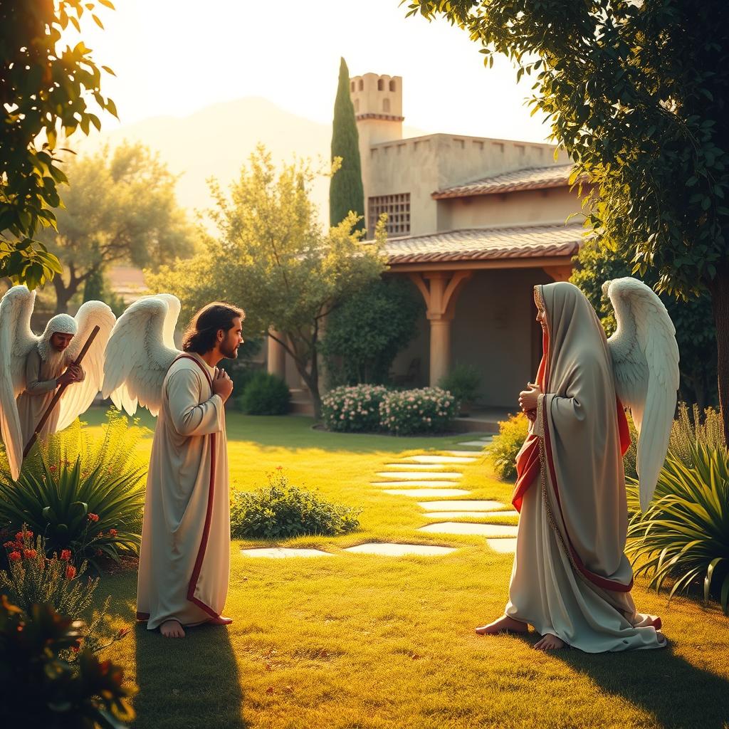 A warm, inviting outdoor scene depicting the biblical story of Abraham's hospitality from Genesis 18:1-10a. In the foreground, three angelic figures stand before the welcoming Abraham and his wife Sarah, who gently invites them in. The middle ground features a lush, verdant garden with a traditional Middle Eastern-style dwelling in the background. Soft, golden sunlight filters through the scene, creating a serene, reverent atmosphere. The composition captures the humble hospitality and divine encounter described in the biblical passage, inviting the viewer to imagine themselves as a participant in this sacred moment.