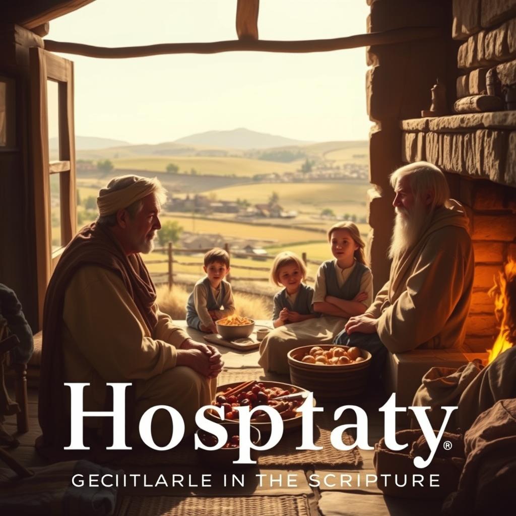 A warm, inviting scene of hospitality in Scripture. In the foreground, a middle-aged couple welcomes a weary traveler into their humble home, offering him a seat by the hearth and a simple meal. Soft, golden light filters through the windows, casting a cozy glow. In the middle ground, the family's young children peek out curiously, their expressions conveying a sense of wonder and welcome. The background depicts a rural landscape, with rolling hills and a distant village, suggesting a timeless, biblical setting. The overall mood is one of genuine kindness, compassion, and a deep respect for the sacred duty of hospitality.