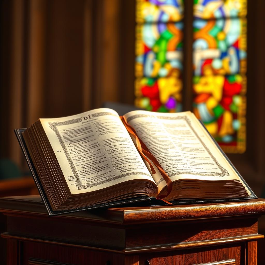 A well-worn Catholic lectionary rests upon a wooden podium, its pages open to a passage marked by a ribbon. Soft, warm lighting illuminates the intricate patterns and embossed cover, casting gentle shadows. In the background, a stained glass window filters vibrant colors, evoking a sense of reverence and contemplation. The composition captures the sacred nature of this liturgical text, inviting the viewer to engage with the teachings and practices it contains.