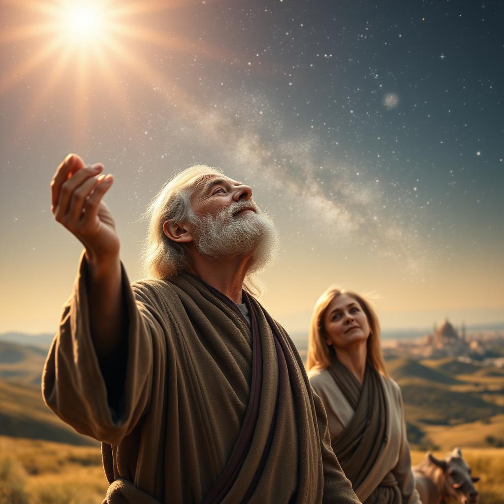 An elderly Abraham, his weathered face alight with reverence, stands before a vast, starry sky. In the foreground, he gazes upward, his hand outstretched, as if receiving a divine vision. Behind him, his young wife Sarah watches intently, her expression a mixture of wonder and faith. The middle ground features rolling hills and a distant city, symbolic of the promised land. Warm, golden light bathes the scene, evoking a sense of timelessness and spiritual tranquility. The entire composition exudes a palpable air of devotion, reflecting the profound faith of Abraham as he obediently heeds God's call.