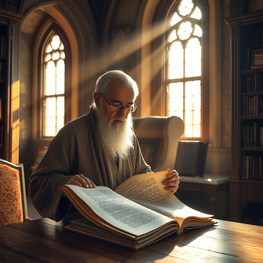 Deuteronomy first reading: A serene, sunlit study setting with an elderly scholar reverently examining a worn parchment scroll on a simple wooden desk. Rays of golden light stream through tall, arched windows, casting a warm, contemplative glow. The scholar's face is pensive, deep in thought as he carefully reads the ancient Hebrew text. Richly textured, earthy-toned furnishings and bookshelves line the walls, evoking a sense of timeless wisdom and scholarly tradition. The composition is balanced, with the scholar's figure anchoring the center and the architectural details framing the scene. An atmosphere of solemnity and sacred discovery pervades the image.