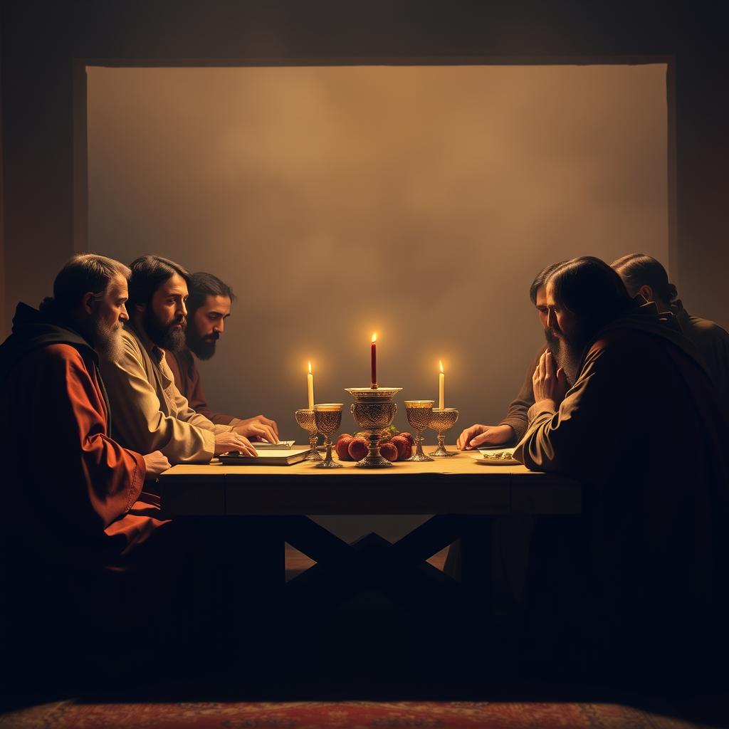 Eucharist institution: A solemn, reverential scene of Jesus Christ instituting the Sacrament of the Eucharist at the Last Supper. In the foreground, Jesus and his Apostles gather around a simple wooden table, their faces cast in warm, soft lighting, conveying the gravity and intimacy of the moment. In the middle ground, a rich, muted color palette evokes the solemnity of the occasion, with touches of gold and deep crimson hues. The background fades into a serene, atmospheric setting, hinting at the transcendent spiritual significance of the Eucharist. The composition emphasizes the central figures, drawing the viewer's attention to the institution of this sacred rite, as described in 1 Corinthians 11:23-26.