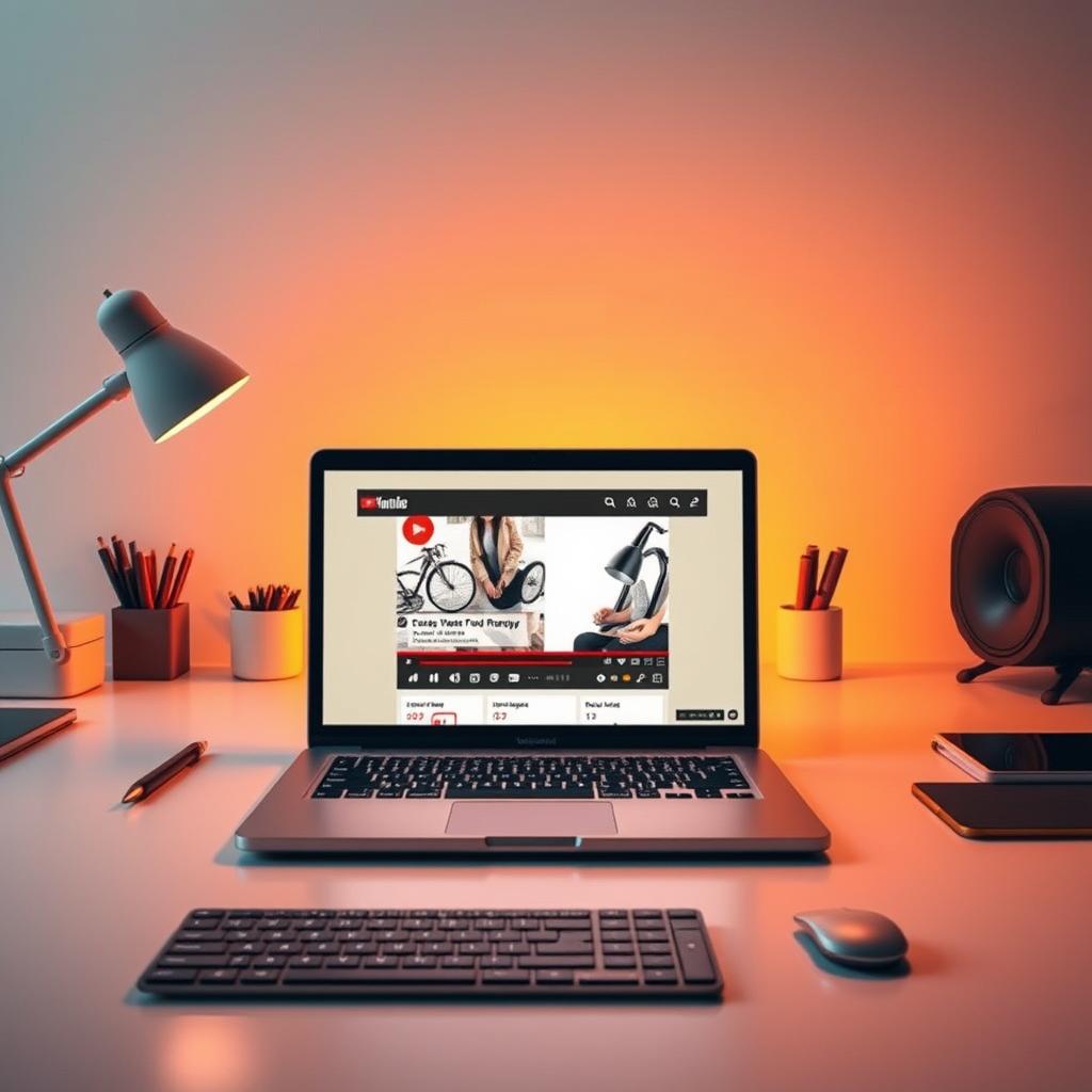 High-quality, visually striking YouTube thumbnail design featuring a sleek, modern composition with a strong focal point. Centered in the frame, a glowing laptop screen displays an engaging video thumbnail with an eye-catching thumbnail image, bold title text, and subtle branding elements. The laptop is surrounded by a clean, minimalist workspace with neatly arranged office supplies and digital devices, all bathed in warm, directional lighting that creates depth and atmosphere. The overall mood is one of professionalism, creativity, and digital savvy, reflecting the article's focus on effective YouTube marketing strategies.