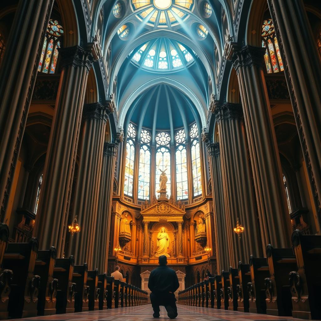 Majestic cathedral interior, stained glass windows casting warm hues on ornate wooden pews. Central altar adorned with intricate religious iconography, a testament to divine presence. Heavenly light filters through vaulted ceilings, illuminating the solemn atmosphere. In the foreground, a solitary figure kneels in reverent prayer, their silhouette a symbol of individual spiritual devotion. Towering columns, carved with biblical motifs, rise up to meet the celestial dome above, connecting earth and sky. This sacred space evokes timeless theological themes of faith, community, and the transcendent.