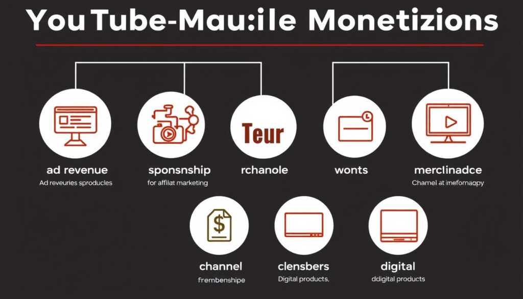Multiple income streams from YouTube illustrated with icons and dollar signs Multiple income streams from YouTube illustrated with icons and dollar signs