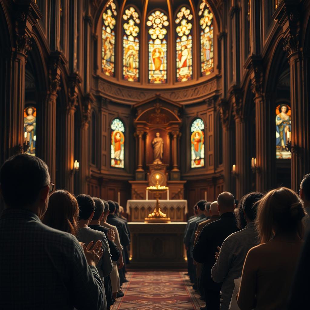 Ornate cathedral interior, stained glass windows casting warm, reverent light. At the altar, a golden monstrance holding the consecrated Host, the focus of deep, prayerful contemplation. Worshippers kneeling in reverent adoration, faces uplifted, hands clasped in humble devotion. Soft chiaroscuro lighting emphasizes the sacred atmosphere, as if time stands still in this sacred moment of Eucharistic presence. Detailed textures of marble, wood, and fabric evoke a timeless, transcendent mood. A profound sense of awe and intimacy with the divine permeates the scene.