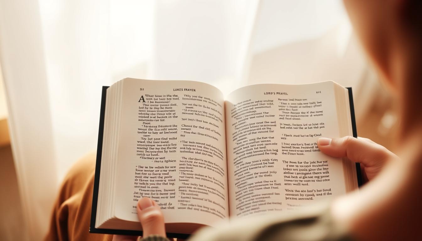 Person praying with Bible open to Luke's Gospel featuring the Lord's Prayer for Seventeenth Sunday in Ordinary Time, Cycle C