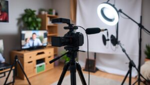 Person recording YouTube video with professional camera setup showing how to make money through YouTube
