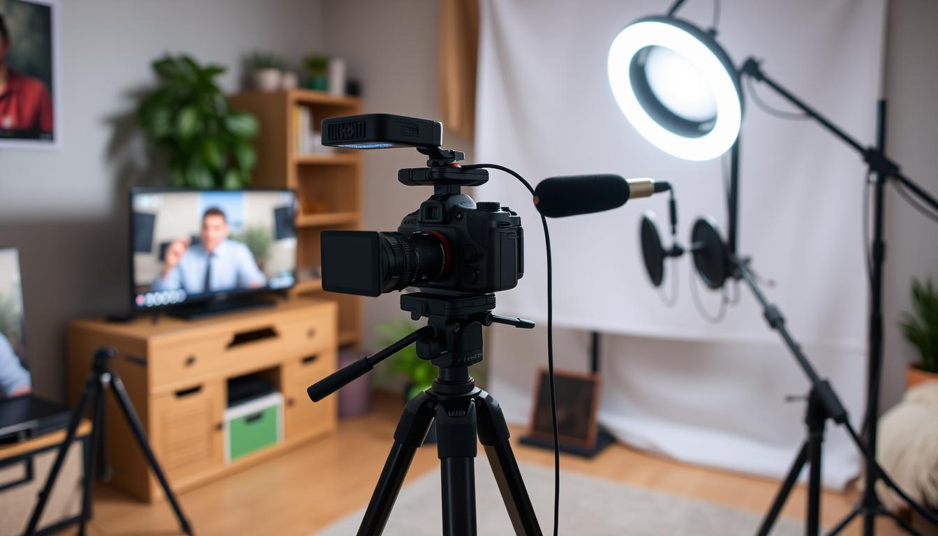 Person recording YouTube video with professional camera setup showing how to make money through YouTube