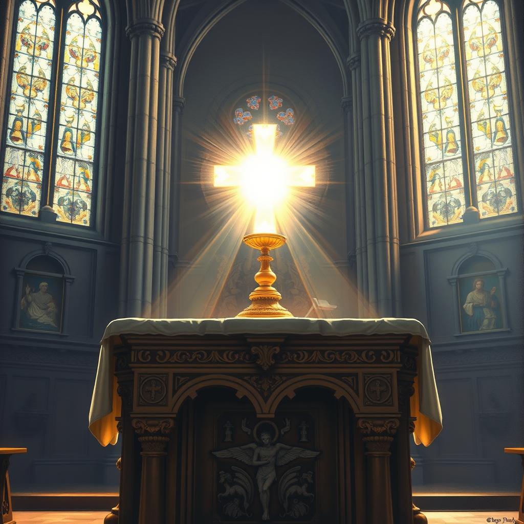 Photorealistic oil painting of a Eucharistic miracle, with a glowing, ethereal host floating above an ornate stone altar. The altar is bathed in soft, warm light, casting deep shadows across the intricate carvings and gilded details. In the background, a grand cathedral interior with stained glass windows filters in cool, ambient light, creating a sense of reverence and sacred awe. The host appears to radiate a divine, otherworldly energy, commanding the viewer's attention and inspiring a feeling of profound spiritual significance. Detailed textures, realistic lighting, and a harmonious color palette convey the wonder and mystery of this miraculous event.