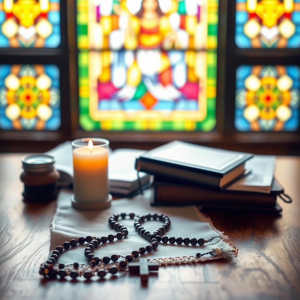 Prayer resources on a wooden table, illuminated by a warm, diffused light coming from a window. In the foreground, a rosary, a candle, and a small cross rest on a linen cloth. In the middle ground, a leather-bound Bible, a prayer journal, and a set of prayer cards are neatly arranged. In the background, a stained-glass window casts a serene, multicolored glow, creating a contemplative atmosphere. The entire scene is captured with a shallow depth of field, focusing the viewer's attention on the prayerful elements.
