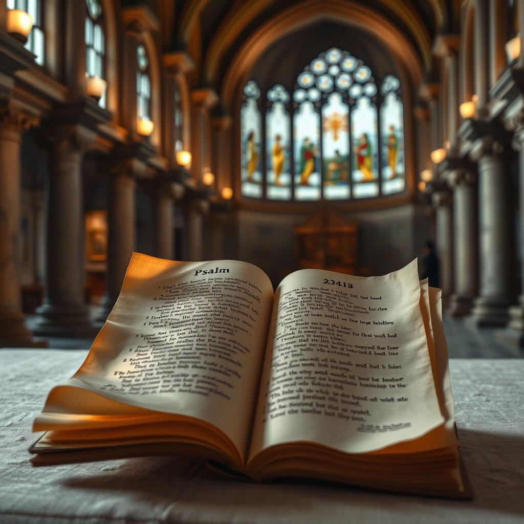 Psalm 40:2,3,4,18 - a solemn liturgical composition, set against a serene and reverent backdrop. In the foreground, an open, worn parchment scroll unfurls, its edges illuminated by warm, diffused light, revealing meticulously calligraphed verses in an ancient script. Surrounding it, a tranquil, timeless setting - ornate stone columns, stained glass windows, and a vaulted ceiling that casts a soft, contemplative glow. The overall atmosphere is one of reverence, devotion, and a profound connection to the divine. The composition aims to capture the essence of the psalmist's response, evoking a sense of humble supplication and unwavering faith.