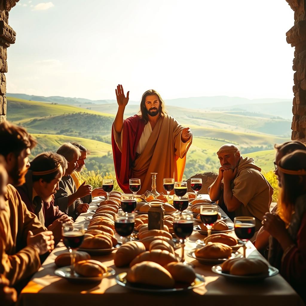 Vivid scene of an ancient Eucharistic feast. In the foreground, a table laden with freshly baked loaves and chalices of wine, disciples gathered reverently around. Soft, warm lighting casts a golden glow, evoking the sacred atmosphere. In the middle ground, Christ stands, hands raised in blessing, his expression serene and benevolent. The background depicts a lush, verdant landscape, rolling hills and a clear sky, symbolizing the abundance and tranquility of God's creation. Angles are composed to draw the viewer's eye towards the central figures, creating a sense of timeless, spiritual connection. An air of reverence and wonder permeates the scene, as if capturing a pivotal moment in the Gospel account.