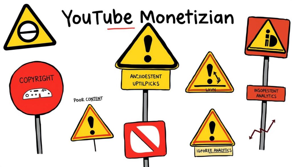 Warning signs illustrating common YouTube monetization mistakes Warning signs illustrating common YouTube monetization mistakes