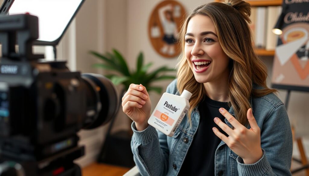YouTuber showcasing a sponsored product in a video YouTuber showcasing a sponsored product in a video