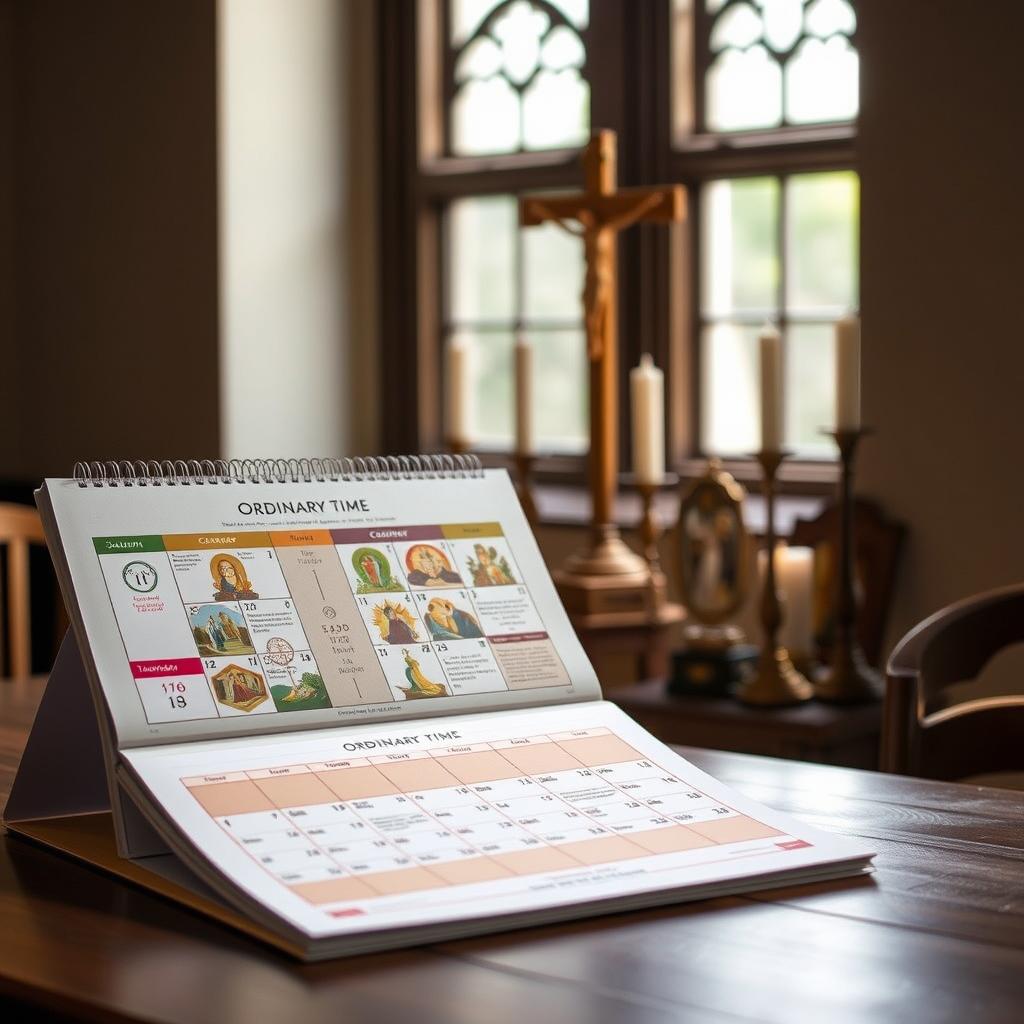 a catholic liturgical calendar, displayed on a wooden table, with a warm, natural lighting filtering through a window. The calendar features a classic design, with distinct sections for each liturgical season, decorated with religious symbols and imagery. The foreground showcases the current season, with a focus on the "Ordinary Time" section, subtly hinting at the article's subject matter. The middle ground includes additional details, such as candles, a crucifix, and a few religious texts, creating a contemplative atmosphere. The background gently fades into a soft, muted color palette, emphasizing the timeless and sacred nature of the calendar.