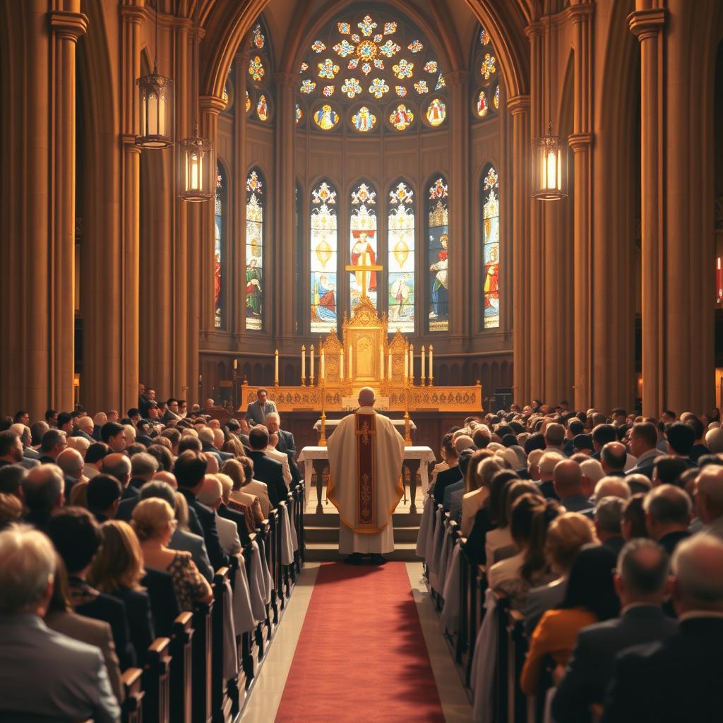 a liturgical celebration in a vibrant American parish, with a large congregation gathered in a grand cathedral-like church, bathed in warm, golden light filtering through stained glass windows. The priest, adorned in ornate vestments, stands at the altar leading the service, surrounded by choir members and altar servers in flowing robes. The pews are filled with parishioners, their faces reflecting a sense of reverence and devotion. The scene evokes a powerful atmosphere of spirituality, community, and the timeless traditions of the Catholic faith.