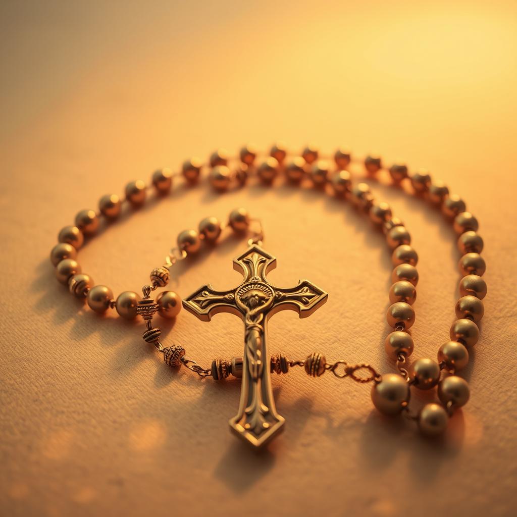 A beautifully crafted rosary structure, its intricate beads gleaming under the soft, warm lighting. The foreground showcases the detailed cross and centerpiece, their polished surfaces catching the gentle illumination. In the middle ground, the individual decades unfold in a harmonious arc, each bead precisely spaced and aligned. The background reveals a serene, velvety-textured surface, providing a tranquil, meditative backdrop for this sacred devotional object. Composed with a sense of reverence and thoughtful composition, this image captures the essence of the rosary's structure, inviting the viewer to contemplate its spiritual significance.