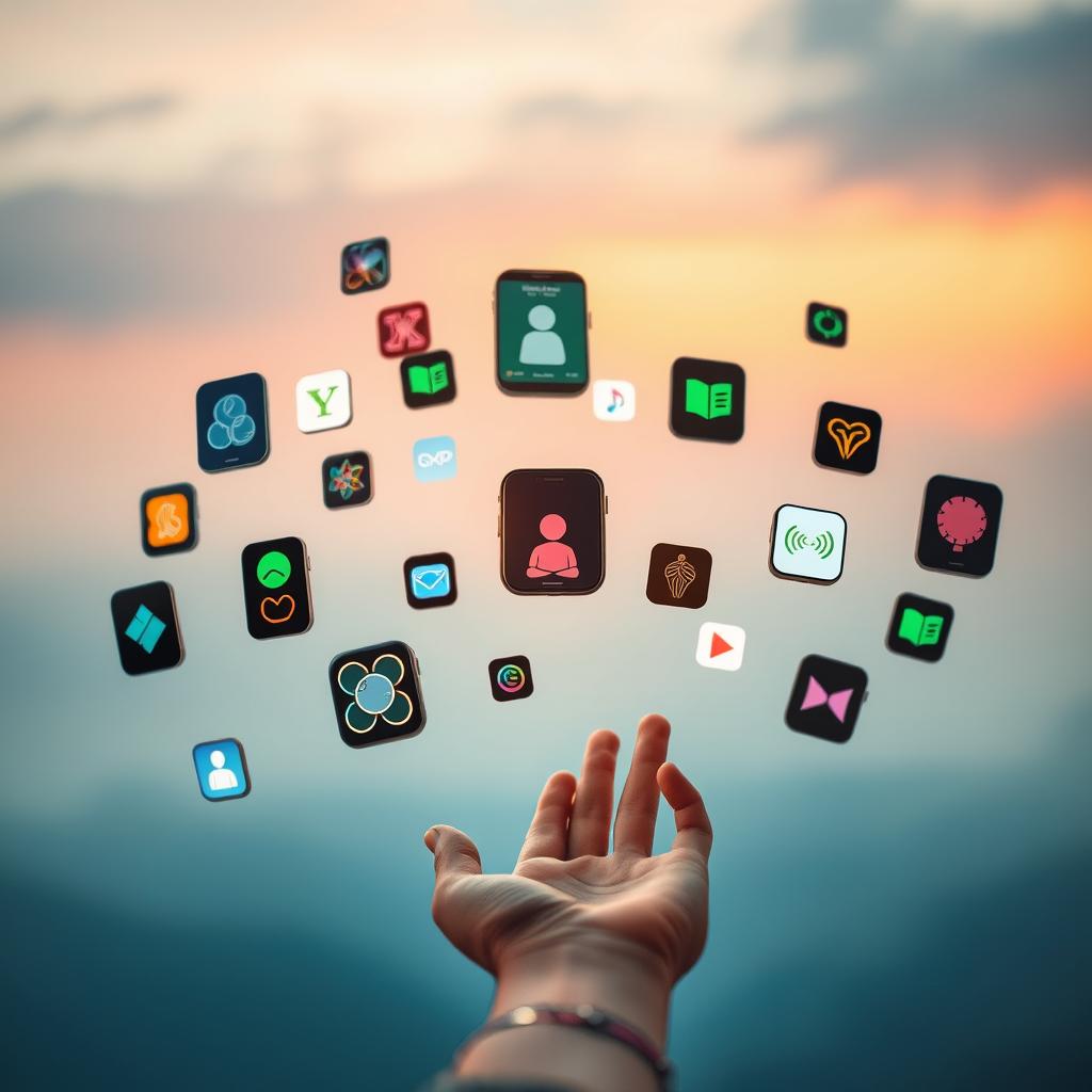 A breathtaking array of mobile apps, their icons gently pulsing with the rhythm of life, float against a serene backdrop of soft pastel hues. In the foreground, a user's hand reaches out, tenderly interacting with these digital companions that guide the breath, measure its cadence, and elevate the mind. The scene is bathed in warm, diffused lighting, creating an atmosphere of tranquility and focus, inviting the viewer to take a deep, restorative breath alongside these "breathing apps" - the tools to support a harmonious, mindful way of living.