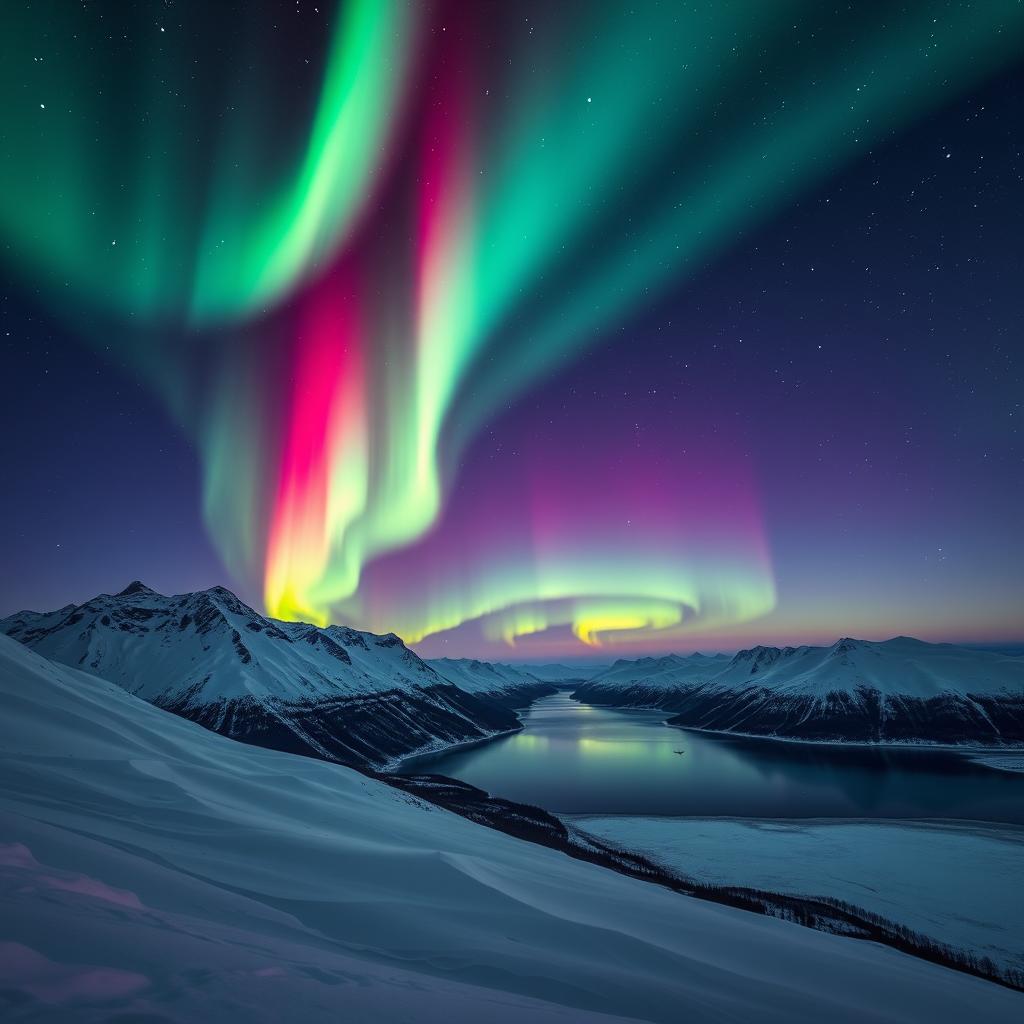 A breathtaking vista of the northern sky, ablaze with the ethereal dance of the Aurora Borealis. Vibrant curtains of emerald, violet, and crimson hues sway gracefully, casting a mesmerizing glow over a serene, snow-covered landscape. In the foreground, a majestic mountain range rises, its peaks capped with pristine white snow. The foreground is illuminated by the Aurora's otherworldly light, casting a soft, diffused glow on the snowy terrain. In the middle ground, a tranquil lake reflects the celestial display, creating a mirror-like effect that doubles the visual splendor. The background is dominated by a vast, starry night sky, the Milky Way's brilliant stars adding to the captivating atmosphere. The overall scene conveys a sense of awe, wonder, and the raw power of nature's most magnificent light show.