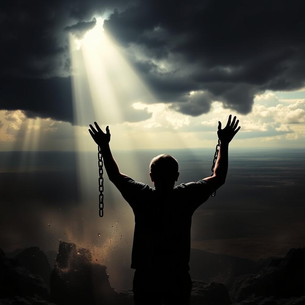 A bright shaft of light pierces through a dark, foreboding sky, casting an ethereal glow upon a figure breaking free from a shadowy, oppressive force. In the foreground, a person's hands raise, shattering chains that once bound them, symbolizing the liberation from negative thought patterns. The middle ground features a sense of struggle, with swirling, turbulent energy surrounding the figure. In the background, an expansive, open landscape emerges, hinting at the promise of a brighter future beyond the current darkness. Dramatic chiaroscuro lighting creates a powerful, emotive atmosphere, emphasizing the theme of breaking away from the constraints of the past towards a more hopeful path.
