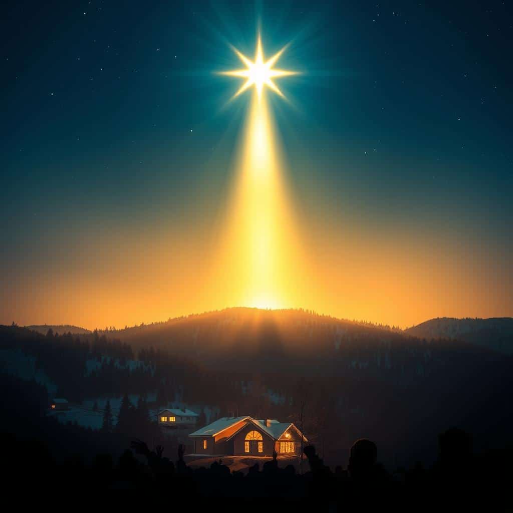 A brilliant star shines forth, illuminating a peaceful night sky. Warm, golden light radiates from the center, casting a soft glow over the surrounding landscape. In the foreground, a small village nestled in a winter wonderland comes alive, its windows aglow with the promise of hope and renewal. Silhouettes of worshippers gather, their faces lifted in awe and reverence. The middle ground is bathed in a heavenly light, guiding the way for those seeking the Source of this celestial splendor. Enveloping the scene, a deep blue expanse of tranquil stillness, inviting contemplation and the quiet celebration of this sacred moment.