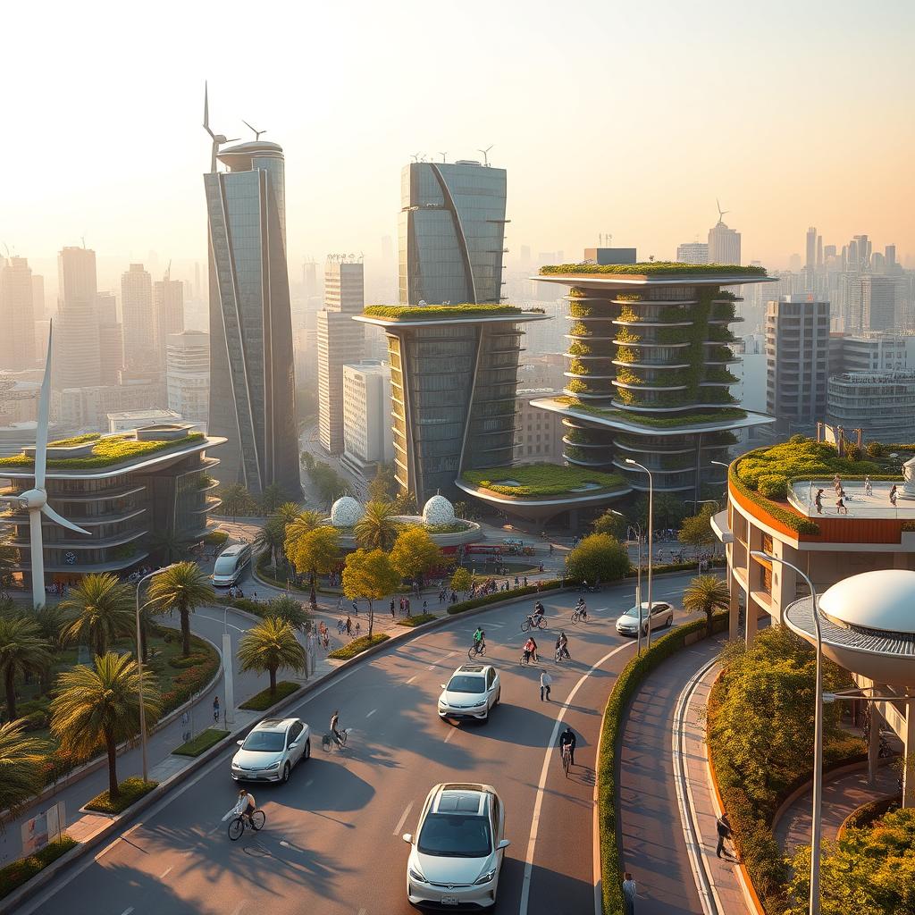 A bustling cityscape of futuristic eco-innovations, bathed in warm afternoon light. In the foreground, sleek electric vehicles glide silently along smart roads lined with solar-powered streetlamps. Towering skyscrapers with living green facades rise in the middle ground, their rooftops dotted with wind turbines and urban farms. In the background, a sprawling network of elevated gardens and walkways connect the buildings, creating a lush, verdant canopy. Beneath, citizens navigate the city via efficient public transport and bike lanes, surrounded by public art installations powered by kinetic energy. The overall scene conveys a harmonious fusion of technology and nature, showcasing a vision of sustainable, healthy urban living.