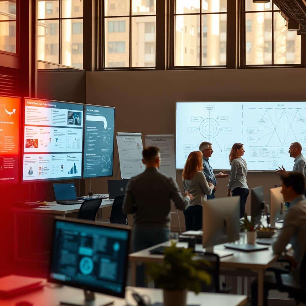 A bustling office scene, illuminated by warm, natural light filtering through large windows. In the foreground, digital screens display intricate business workflows, with arrows and icons denoting the flow of tasks and information. In the middle ground, professionals collaborate at standing desks, gesturing animatedly as they discuss project plans. In the background, a whiteboard showcases a complex diagram, highlighting the interconnected nature of the company's processes. The atmosphere conveys a sense of productive efficiency, with a touch of modern, minimalist design aesthetic.